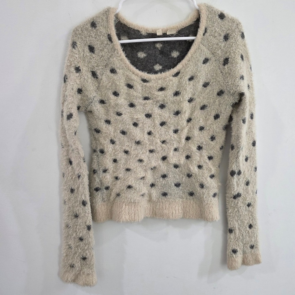 Moth Womens Sweater Size Medium Cream Polka Dot Fuzzy Wool Blend Cozy Eyelash